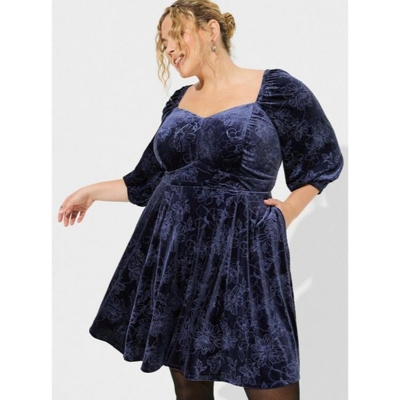 Torrid At The Knee Embossed Blue Velvet Sweetheart Mini Dress Torrid Sz 3 Sz 3X - Picture 2 of 10